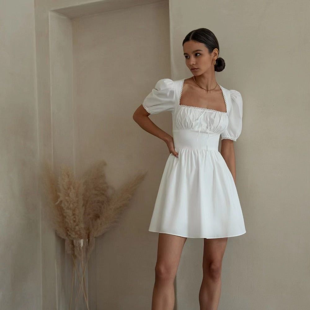 Lace Trim Square Neck Bubble Sleeve Tie Front Cotton Mini Dress 3