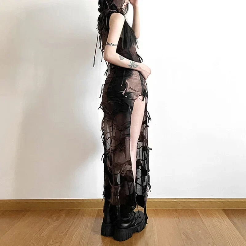 Tie Dye Distressed Fringe High Split Bodycon Midi Dress 5