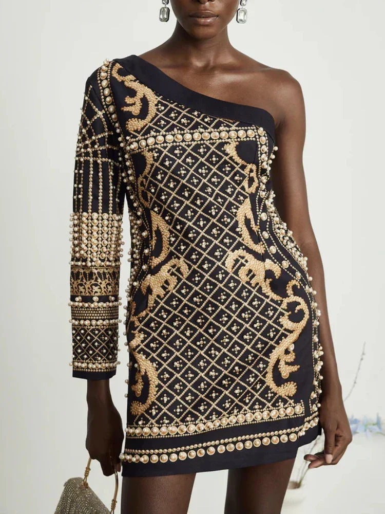 One Shoulder Pearl Beaded Baroque Lattice Embellished Mini Dress