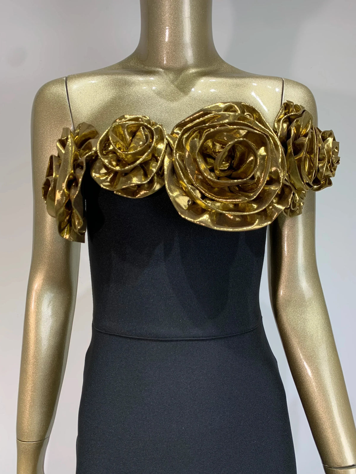 Strapless Metallic Ruffle Neckline Bodycon Midi Dress with Opera Gloves 10