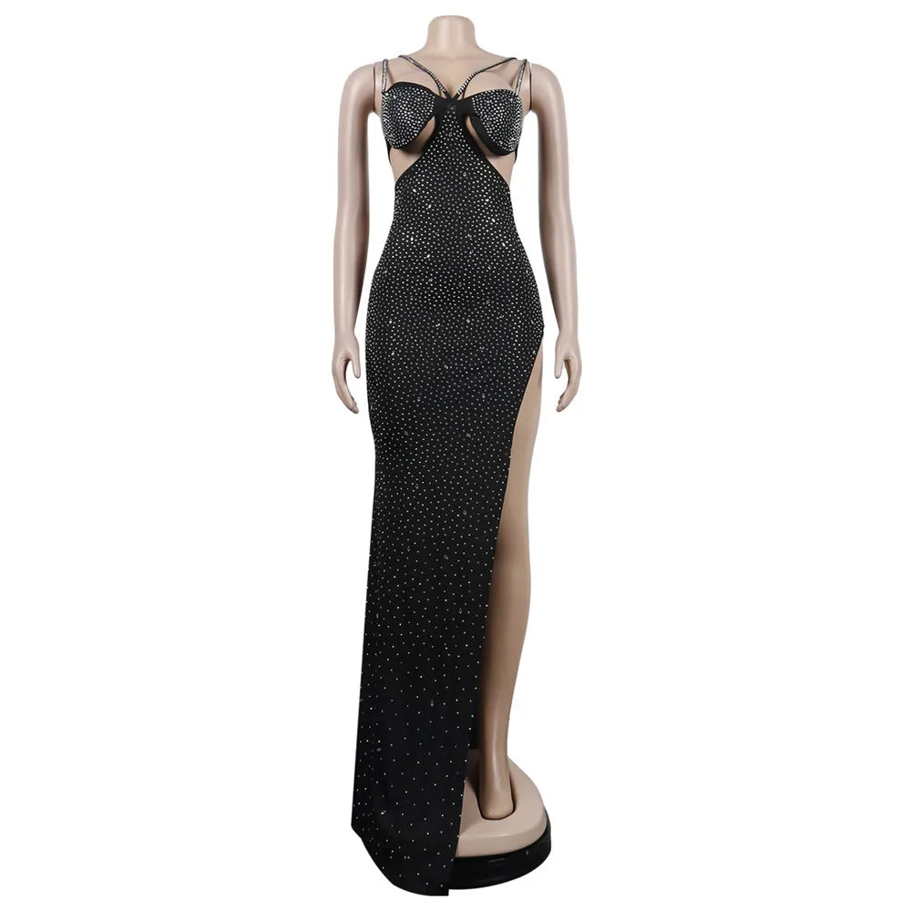 Rhinestone Mesh Spaghetti Strap Waist Cutout High Slit Maxi Dress 6