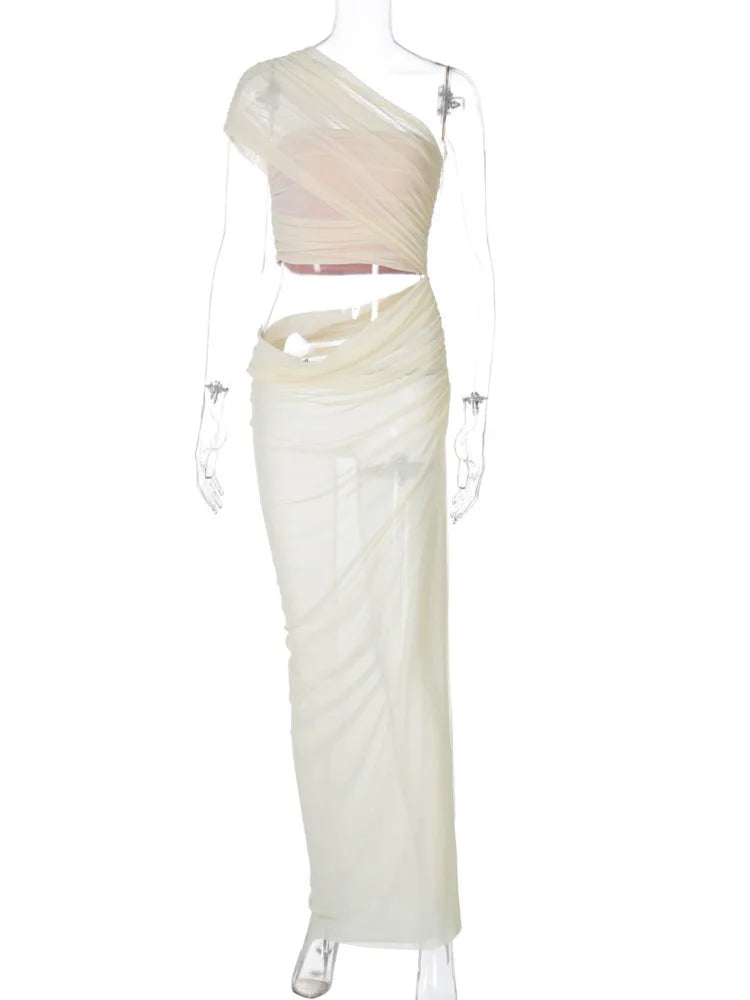 One Shoulder Mesh Draped Crop Top High Slit Maxi Skirt Set 4