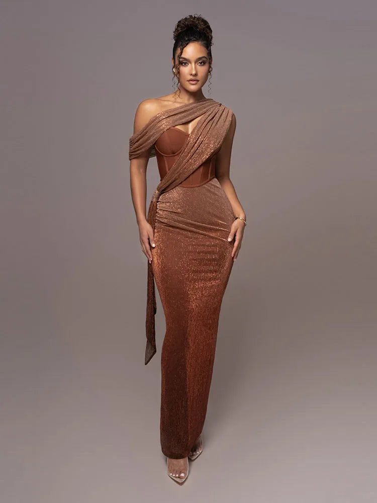 One Shoulder Draped Glitter Corset Maxi Gown 4
