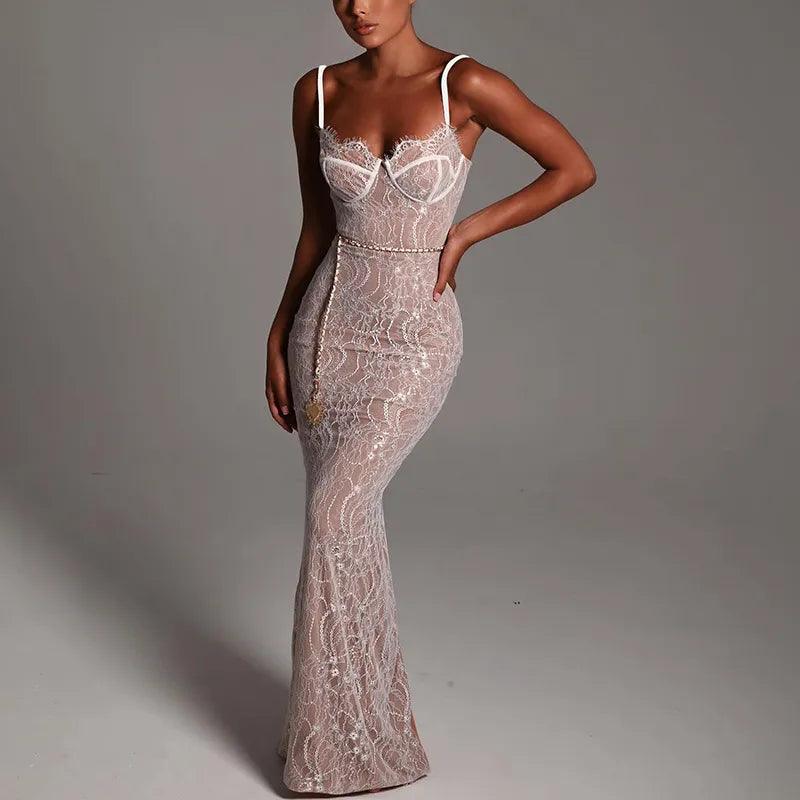 Sweetheart Neck Spaghetti Strap Lace Corset Chain Belt Maxi Dress 2