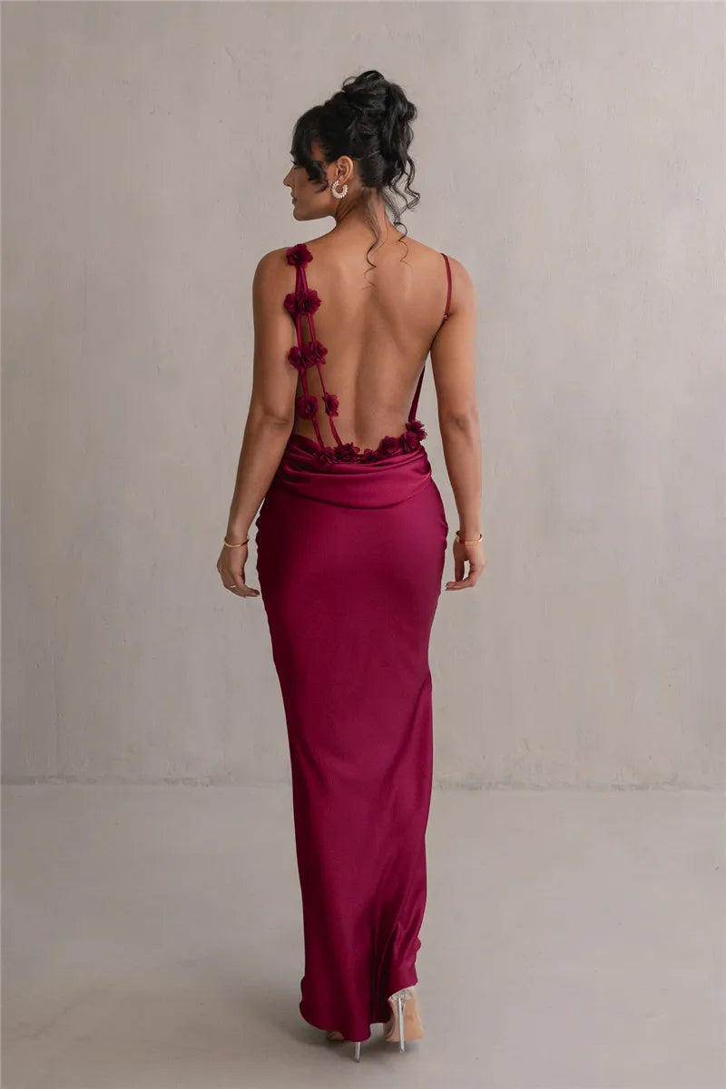 Spaghetti Strap Floral Applique Cowl Back Satin Maxi Dress 29