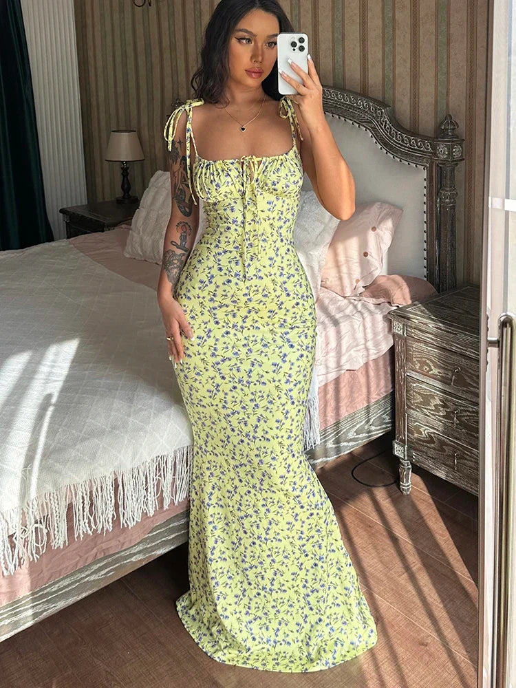 Floral Print Spaghetti Strap Sweetheart Lace Up Backless Maxi Dress 7