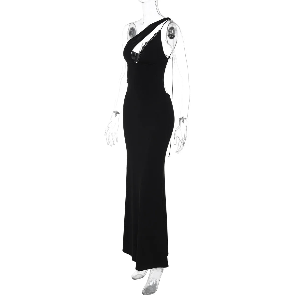 One-Shoulder Teardrop Cutout Waist Cutout High Slit Bodycon Maxi Dress 9