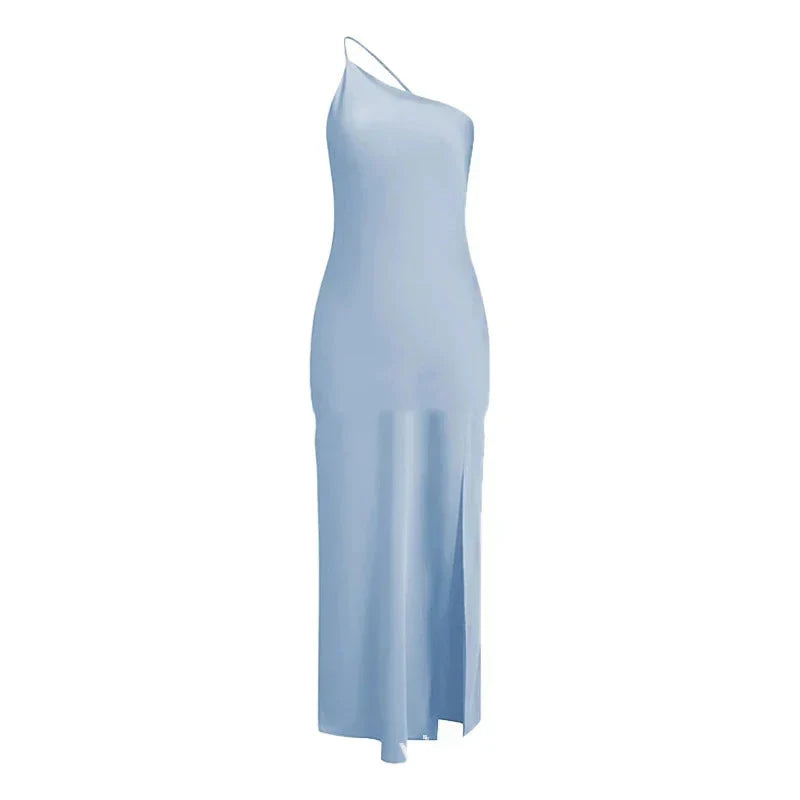 Asymmetric Strap Backless Slit Satin Maxi Dress 20