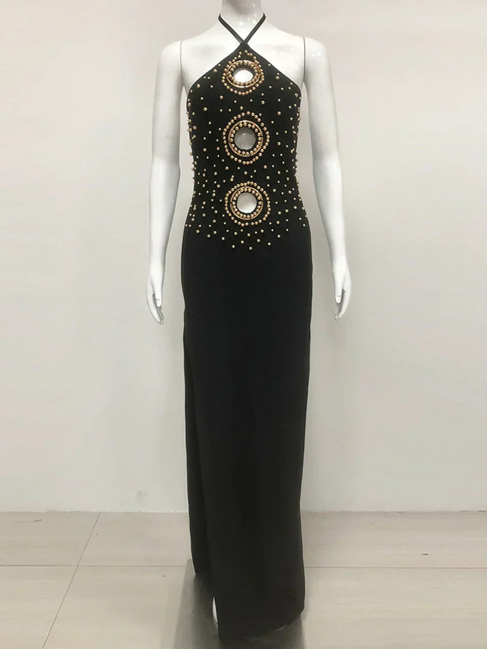 Halter Ring Cut Out Studded Thigh Slit Backless Maxi Gown 9