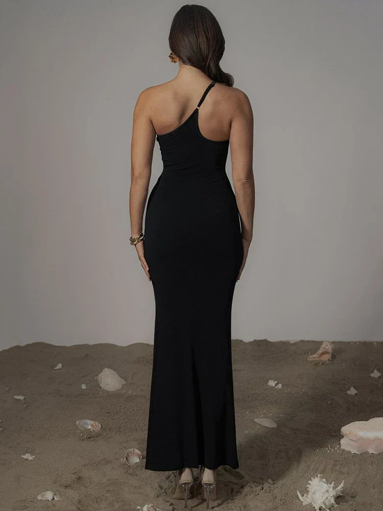 One Shoulder Mesh Panel Patchwork Maxi Dress 4