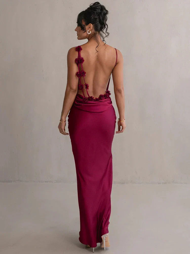 Spaghetti Strap Floral Applique Cowl Back Satin Maxi Dress 4