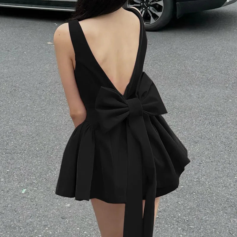 Spaghetti Strap Open Back Oversized Bow Flared Mini Dress 2