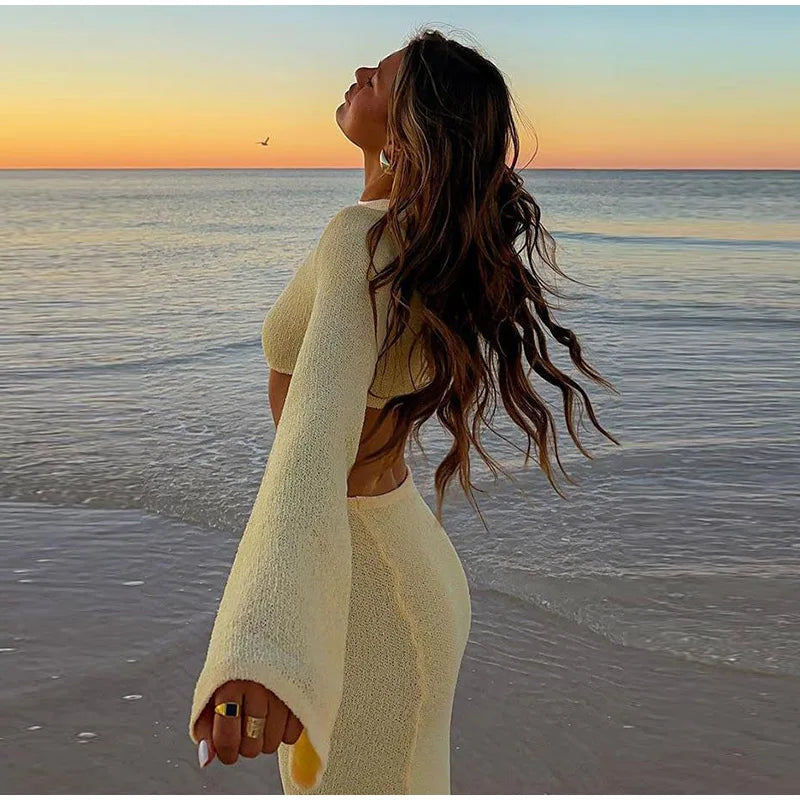 Crew Neck Cutout Twist Waist Side Slit Boucle Knit Maxi Dress 12