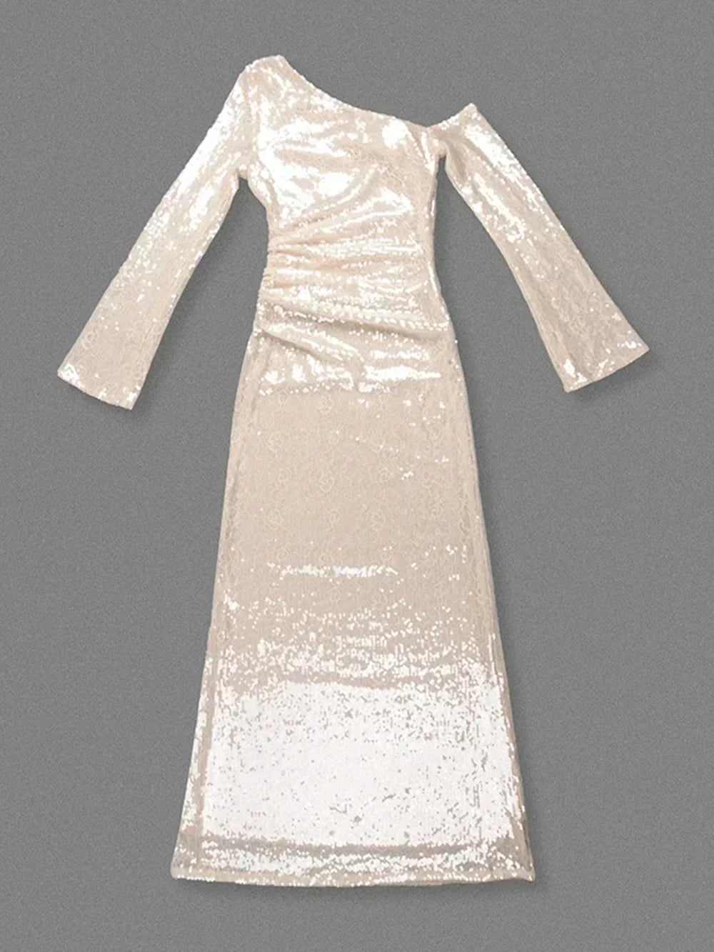 Sequin One-Shoulder Rosette Applique Long Sleeve Column Maxi Gown 9
