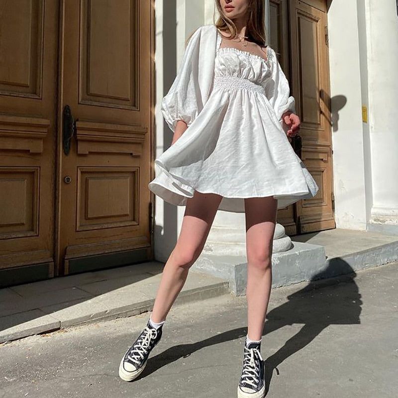 Square Neck Smocked Waist Puff Sleeve Ruffle Trim Mini Dress 3