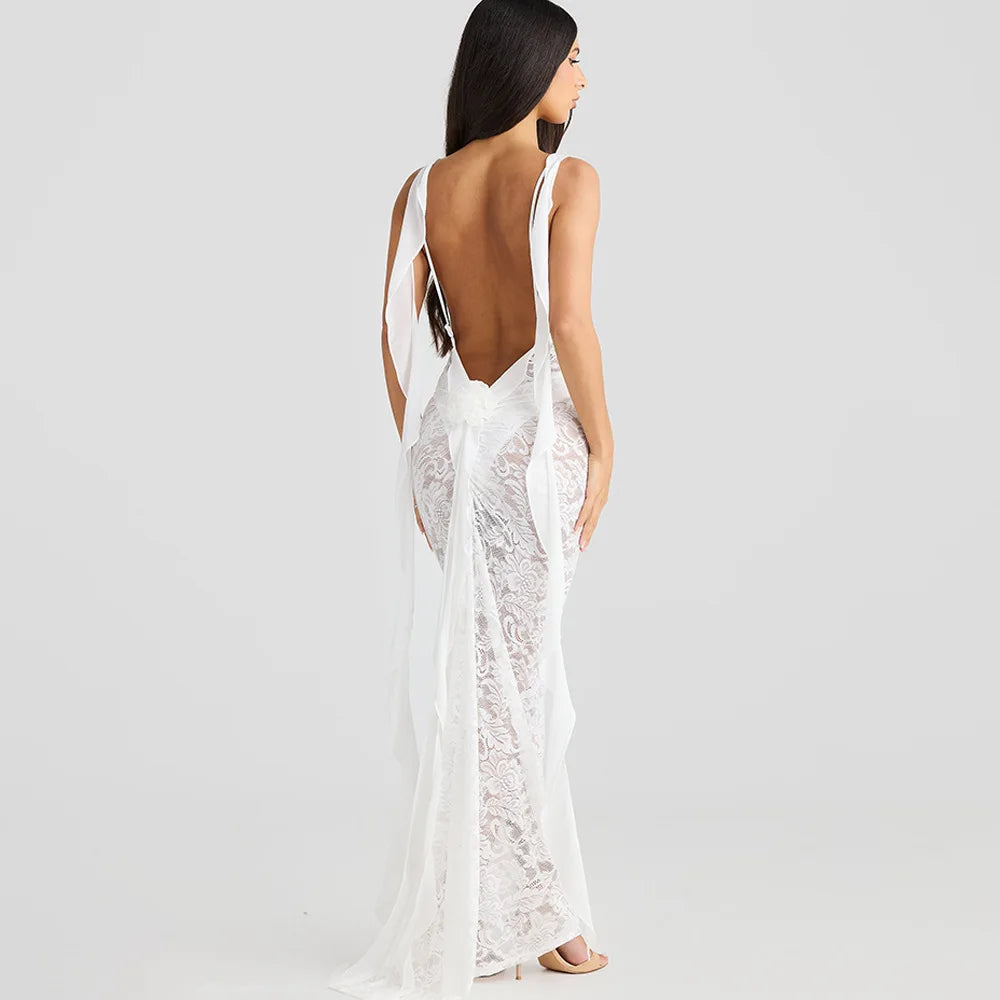 Lace Backless Spaghetti Strap Trailing Ribbon Ruffle Maxi Dress 4