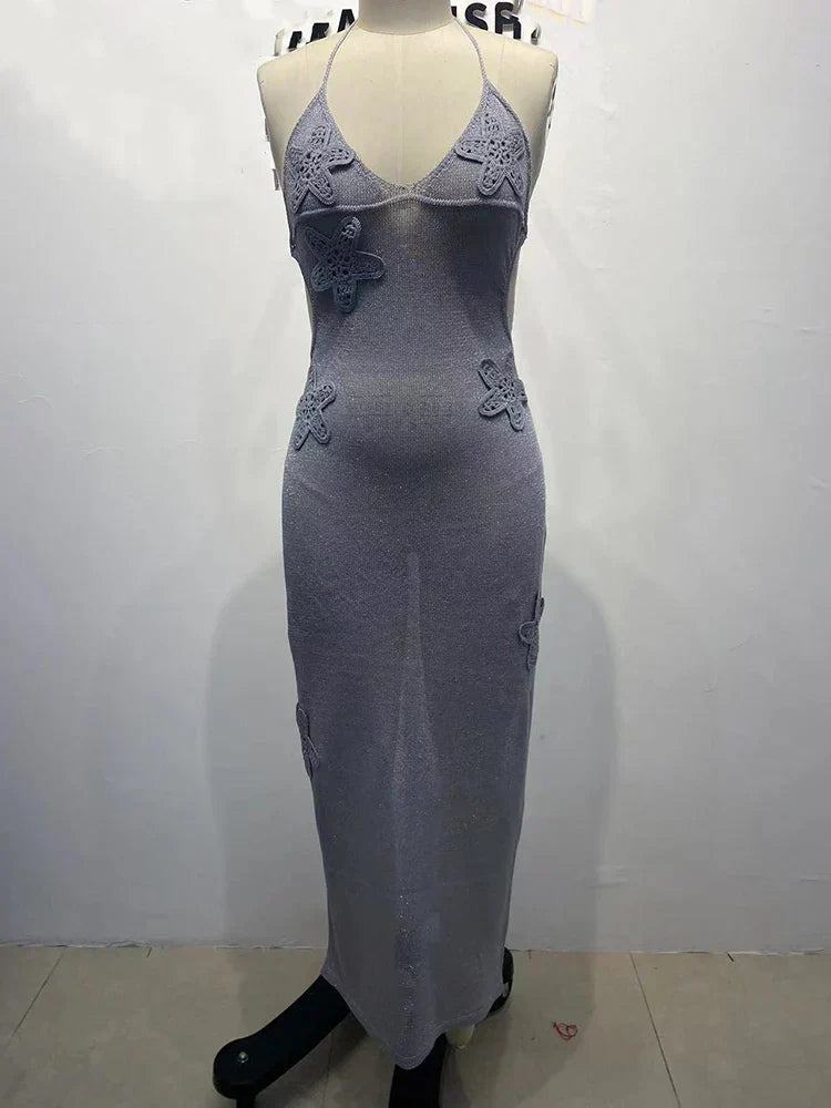 Glitter Mesh Halter Neck Plunging V-Neck Floral Applique Cutout Maxi Dress 5