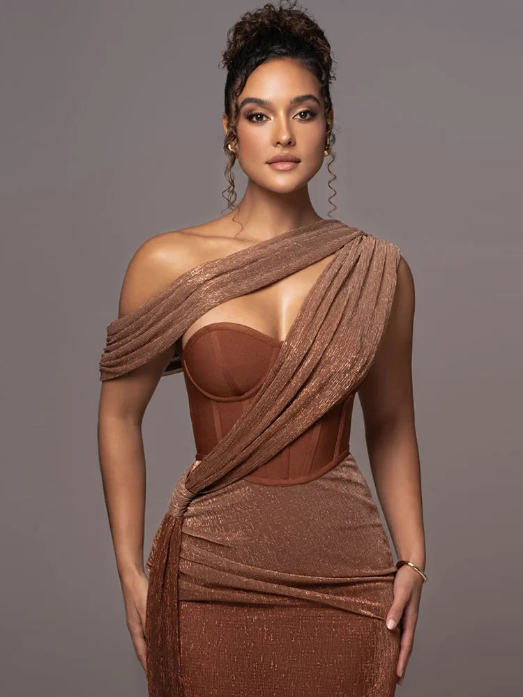 One Shoulder Draped Glitter Corset Maxi Gown 3