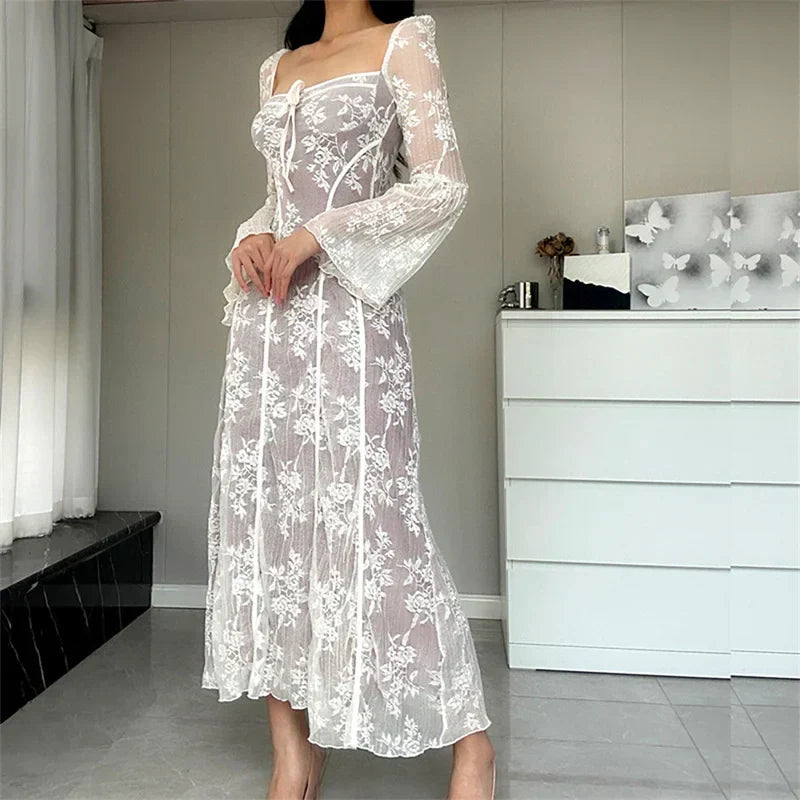 Square Neck Tie Detail Lace Bell Sleeve Paneled Midi Dress 4