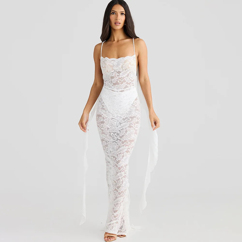 Lace Backless Spaghetti Strap Trailing Ribbon Ruffle Maxi Dress 3