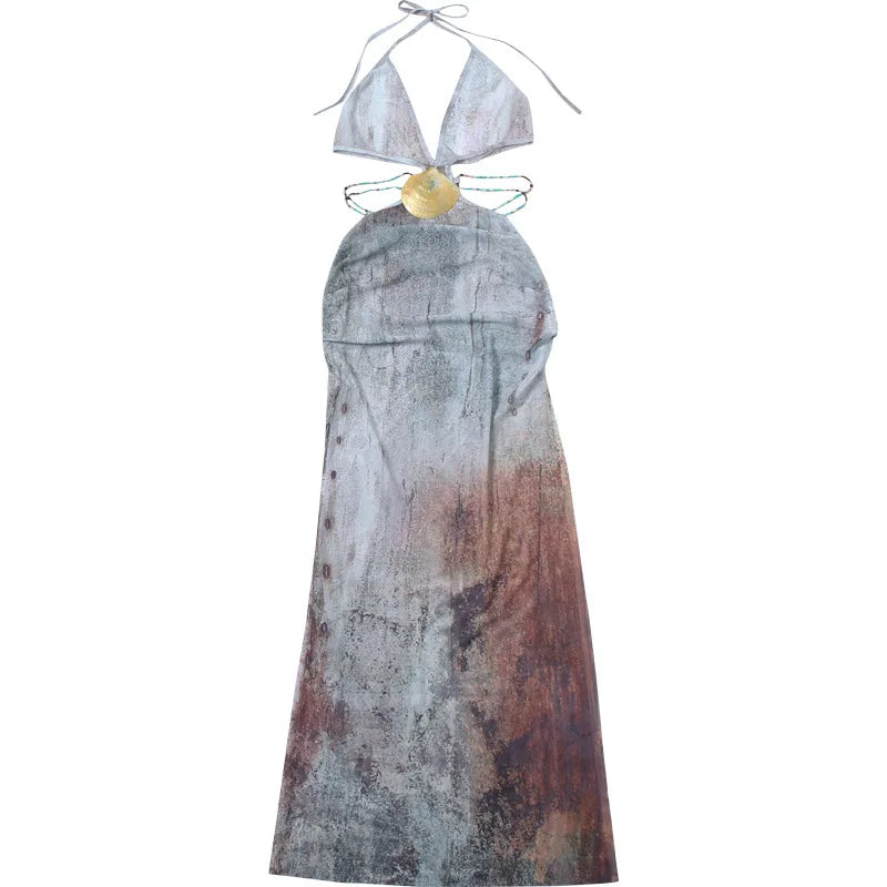 Halter Deep V-Neck Shell Embellishment Beaded Strap Cutout Maxi Dress 8