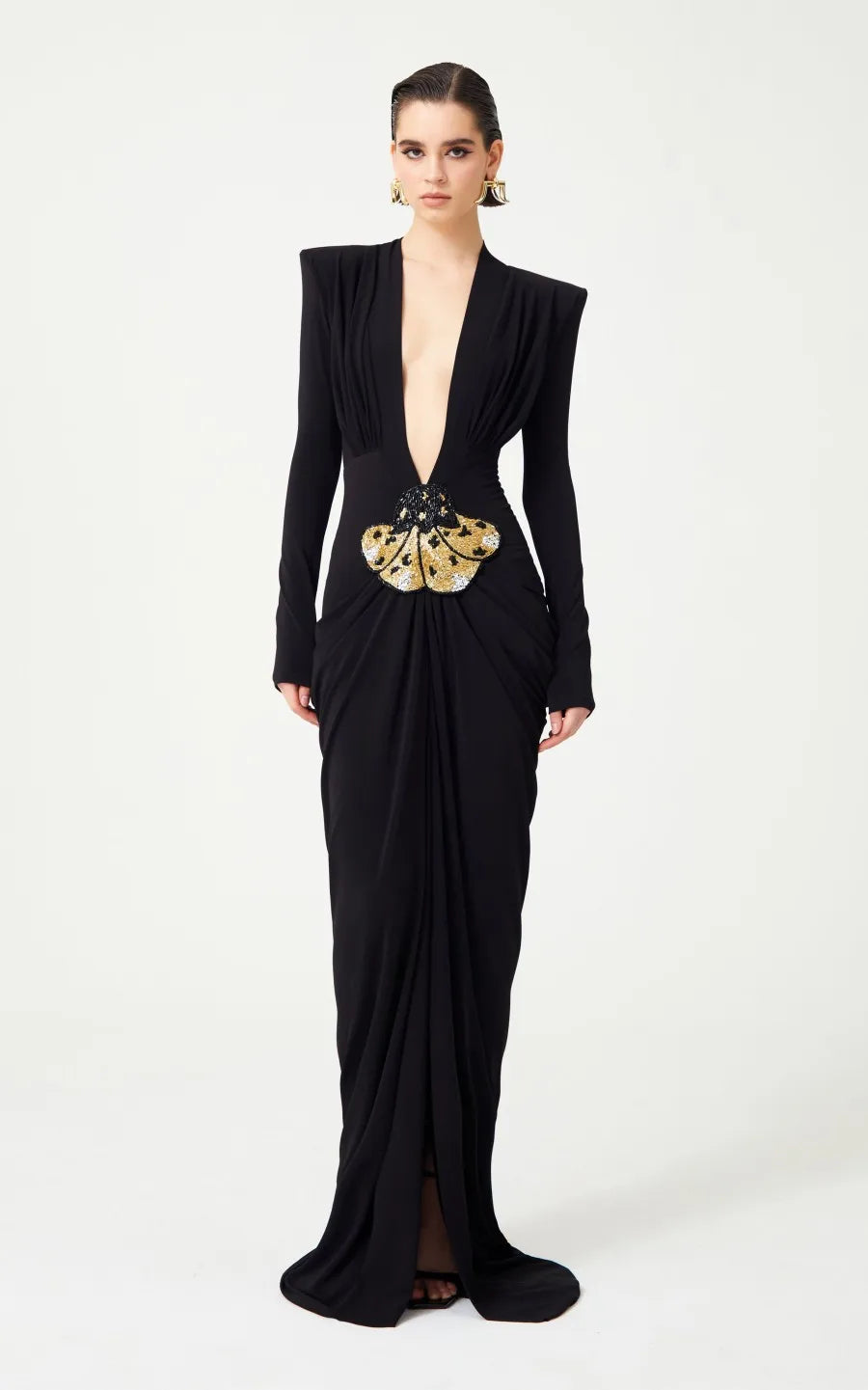 Deep V-Neck Padded Shoulder Butterfly Applique Draped Maxi Gown