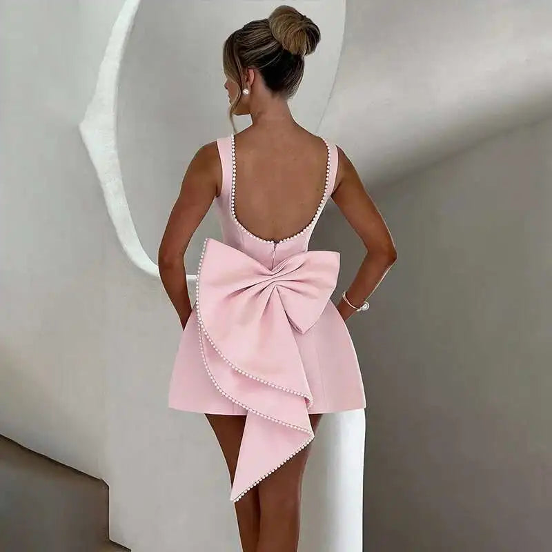 Pearl Trim Neckline Princess Seam Oversized Bow Back Fit and Flare Mini Dress 4