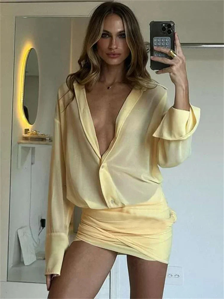 Plunging Collared Neckline Long Sleeve Ruched Wrap Mini Dress Set 8