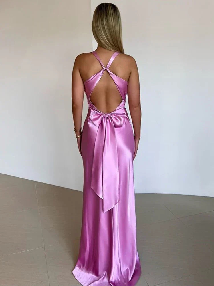 V-Neck Twist Front Bow Back Satin Maxi Dress 6