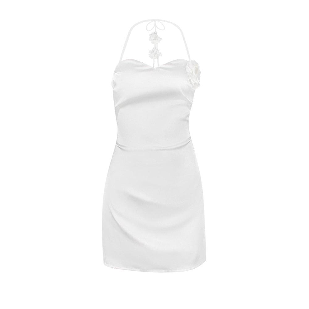 Halter Neck Rosette Trim Satin Bodycon Mini Dress 8
