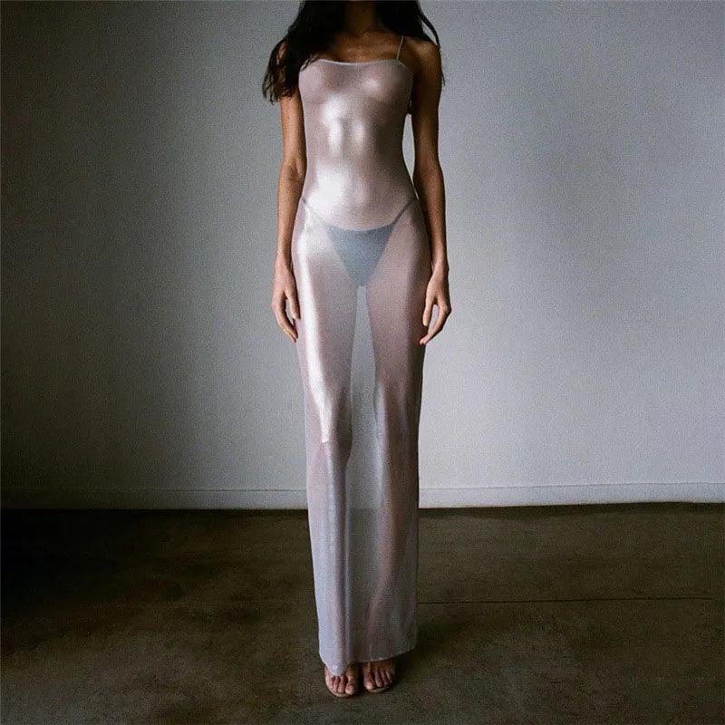 Sheer Metallic Mesh Long Sleeve High Neck Maxi Dress