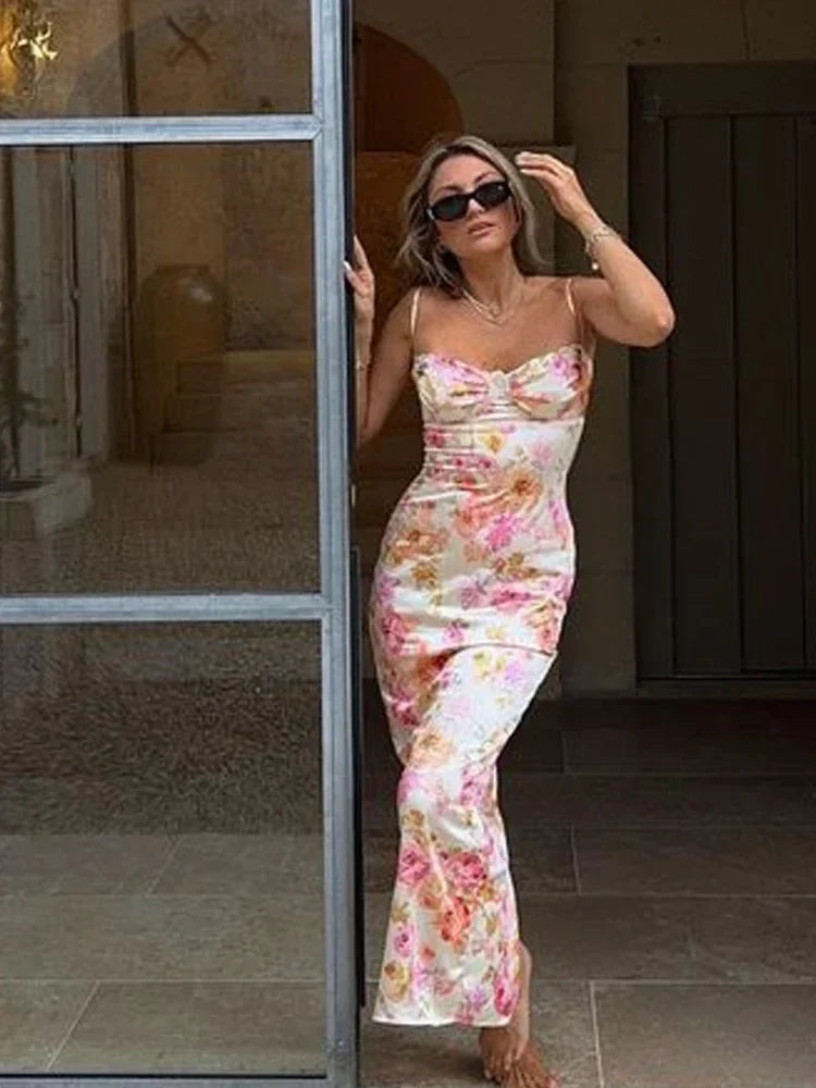 Satin Bustier Spaghetti Strap Large Floral Print Maxi Dress 3