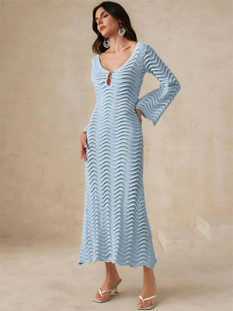Hollow Out Knit Lace-Up Patchwork Midi Dress 16