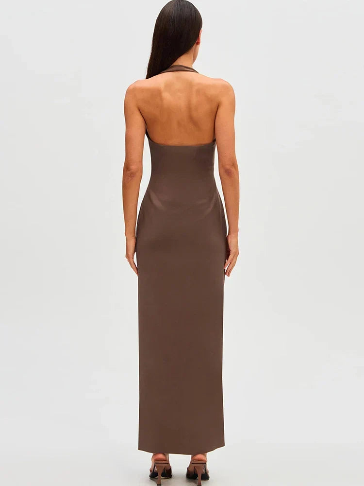 Halter Neck Deep Plunge Ruched Side Bodycon Maxi Dress 5