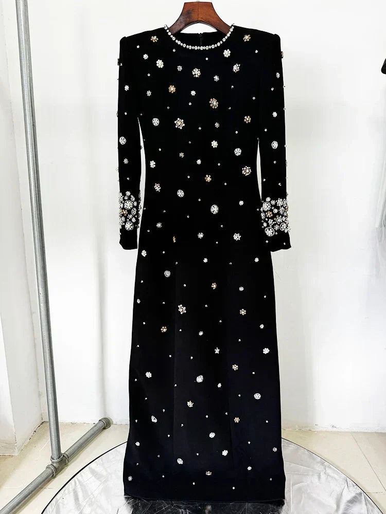 Crystal Floral Embellished Structured Shoulder Long Sleeve Column Maxi Dress 10
