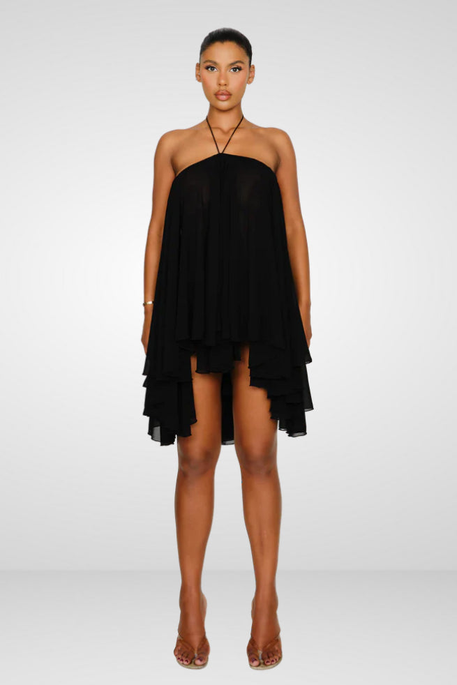Halter Neck Tiered Asymmetrical Ruffle Chiffon Mini Dress
