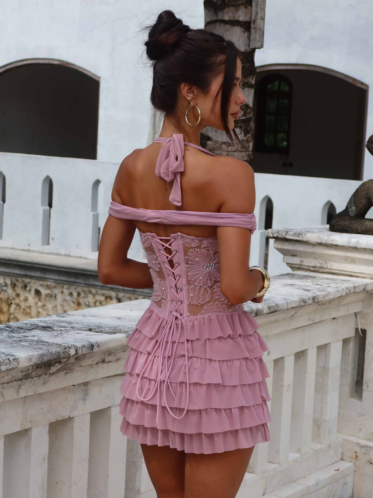 Halter Off Shoulder Drape Floral Embroidered Mesh Corset Tiered Ruffle Mini Dress 3