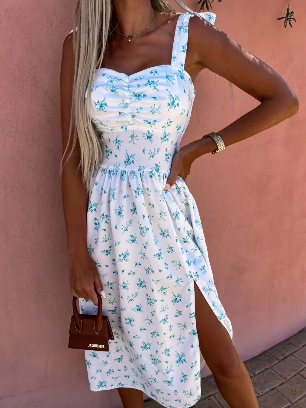 Bow Tie Shoulder Sweetheart Ruched Bust Floral Print High Slit Midi Dress 2