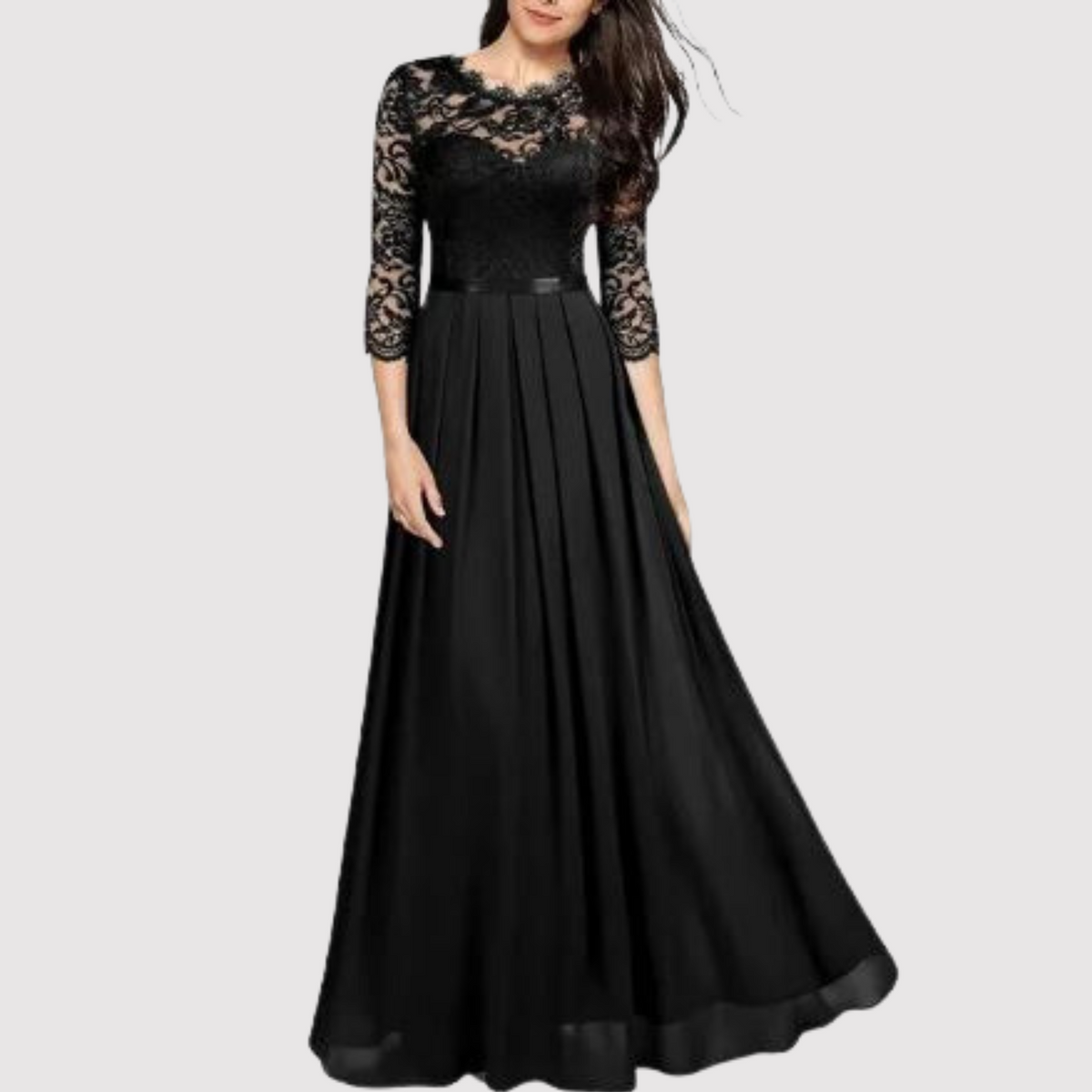 Lace Bodice Chiffon Pleated Skirt Three Quarter Sleeve Maxi Dress