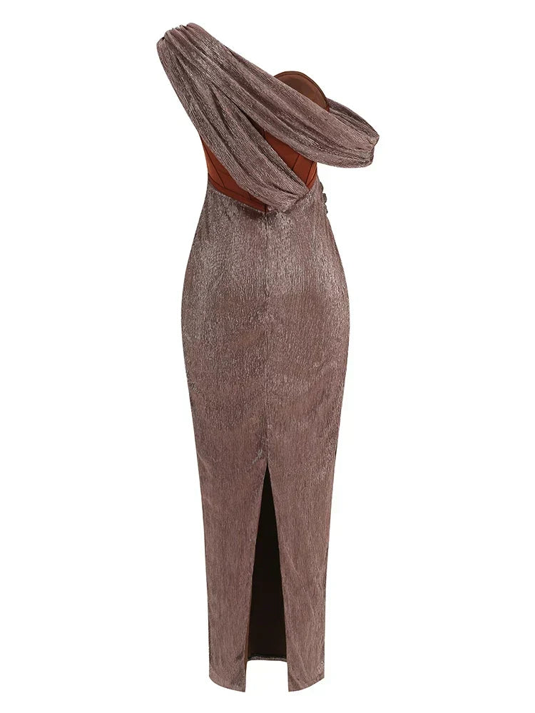 One Shoulder Draped Glitter Corset Maxi Gown 10