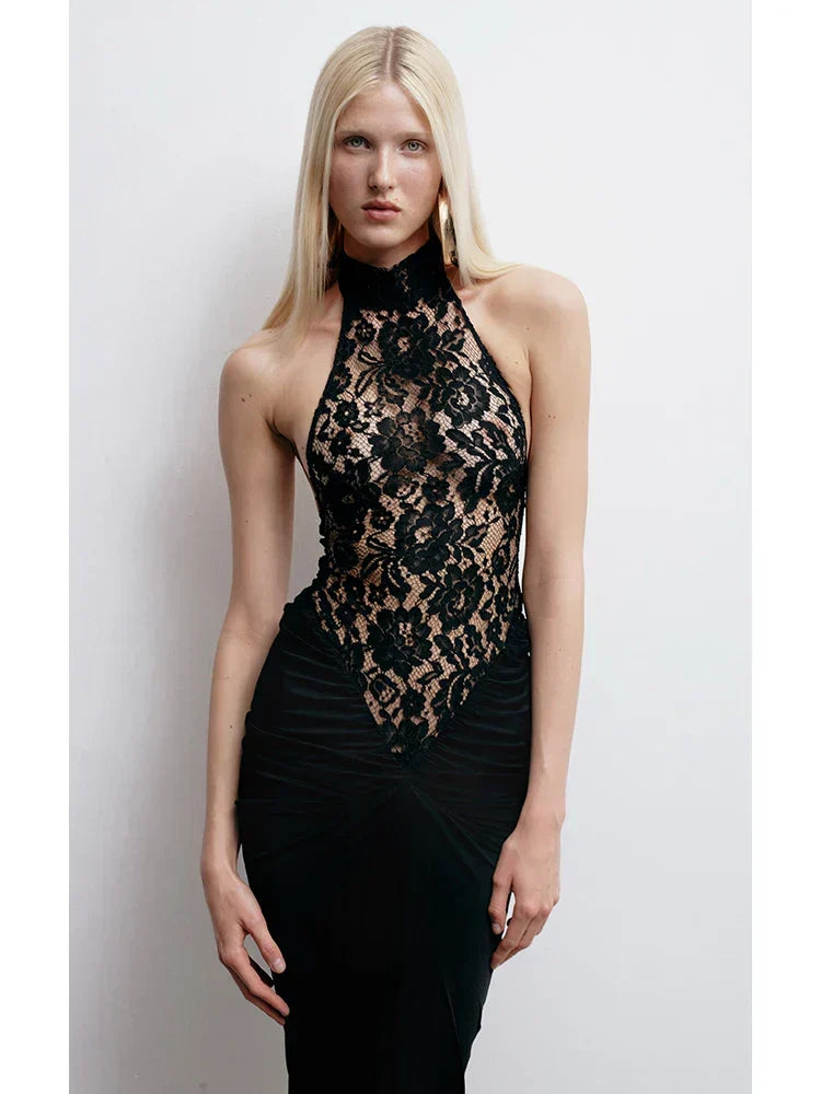 Halter Neck Floral Lace Bodice Column Maxi Dress 2
