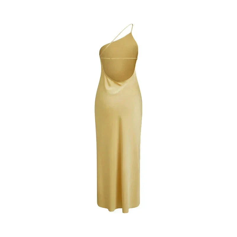 Asymmetric Strap Backless Slit Satin Maxi Dress 19