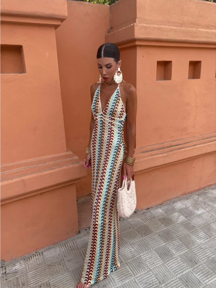 Halter Deep V Neck Multi Strap Crochet Chevron Maxi Dress 2