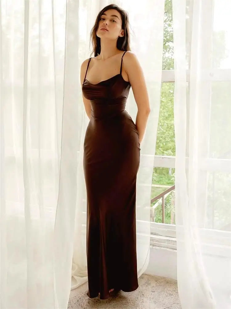Satin Cowl Neck Spaghetti Strap Ruched Side Maxi Dress 2