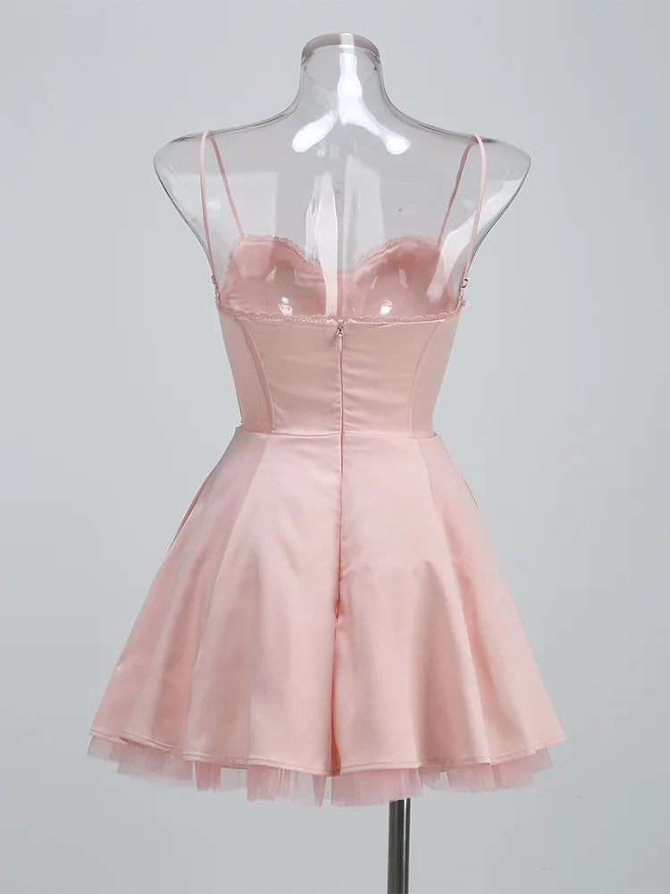 Sweetheart Neck Lace Trim Spaghetti Strap Tulle Hem Fit and Flare Mini Dress 11