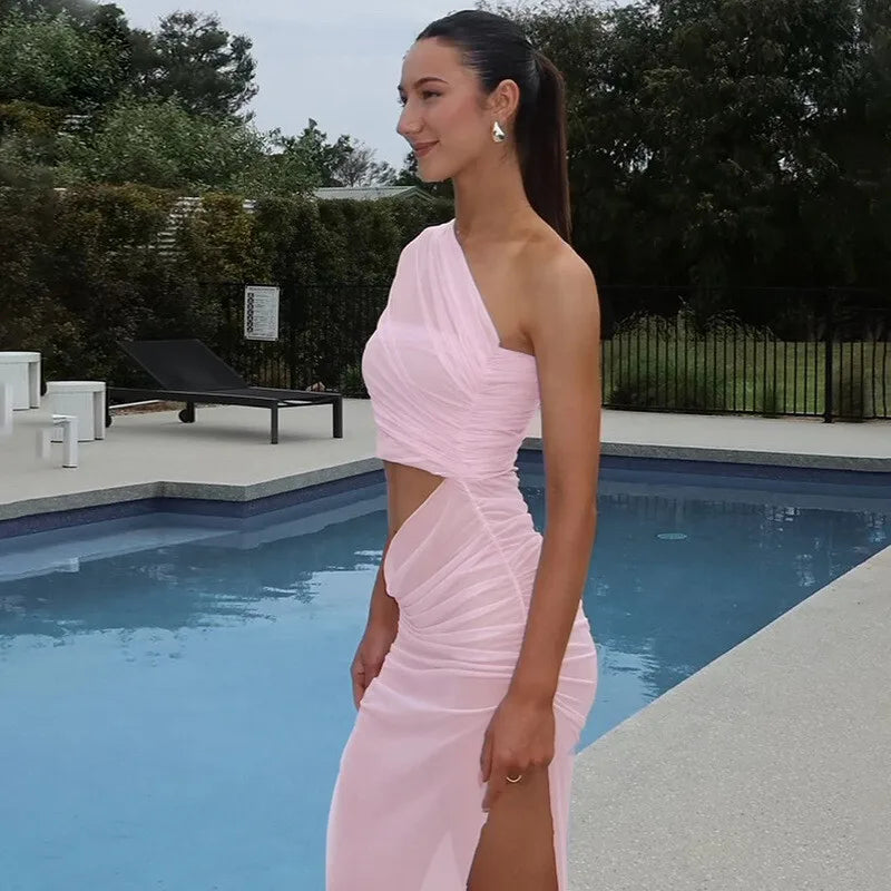 One Shoulder Mesh Draped Crop Top High Slit Maxi Skirt Set 18