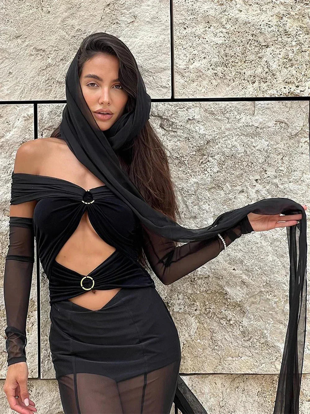 Off Shoulder Mesh Ring Buckle Cutout Hooded Cape Maxi Dress 3