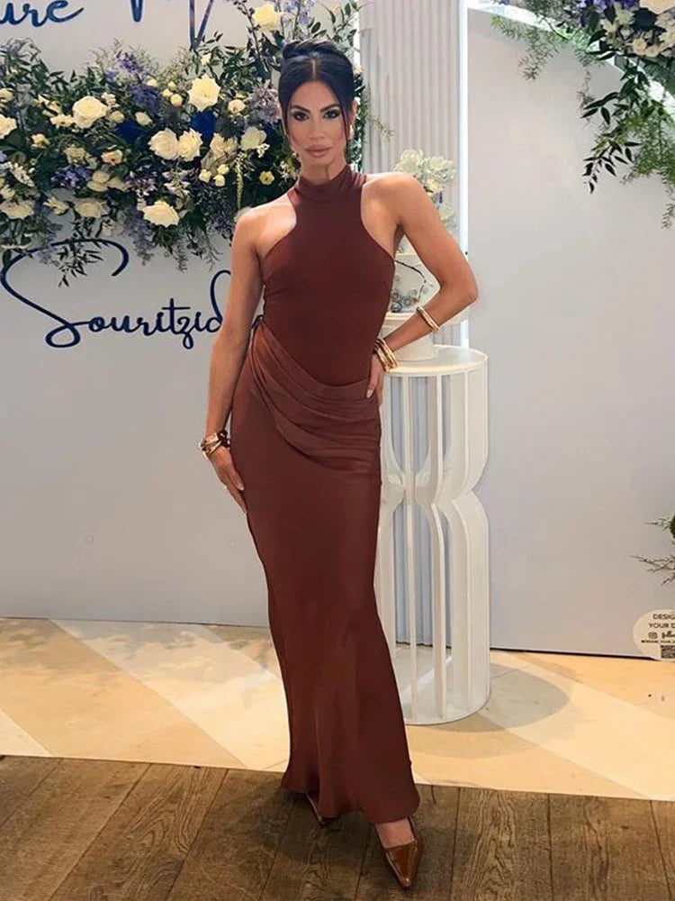 Satin Mock Neck Halter Bodycon Mini Dress Wrap Drape Cutout Maxi Dress 2