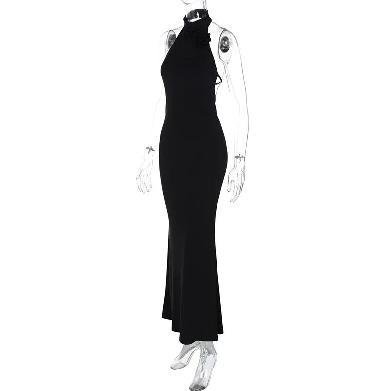 Mock Neck Halter 3D Floral Applique Bodycon Maxi Dress 20