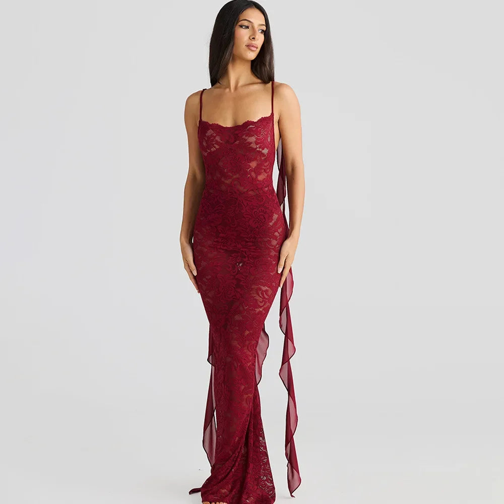 Lace Backless Spaghetti Strap Trailing Ribbon Ruffle Maxi Dress 7